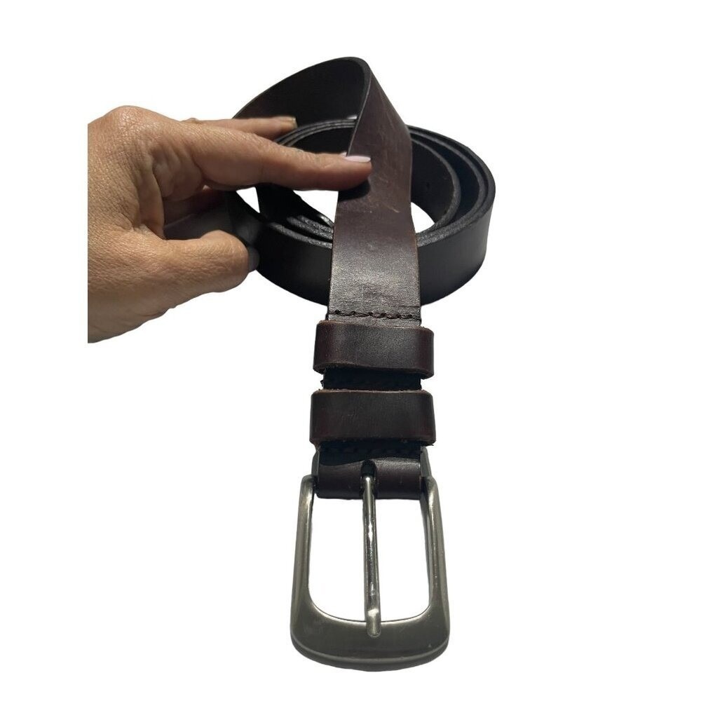 Mens Dark Brown Genuine Leather Belt Silver‎ Tone Buckle Casual Rugged Workwear